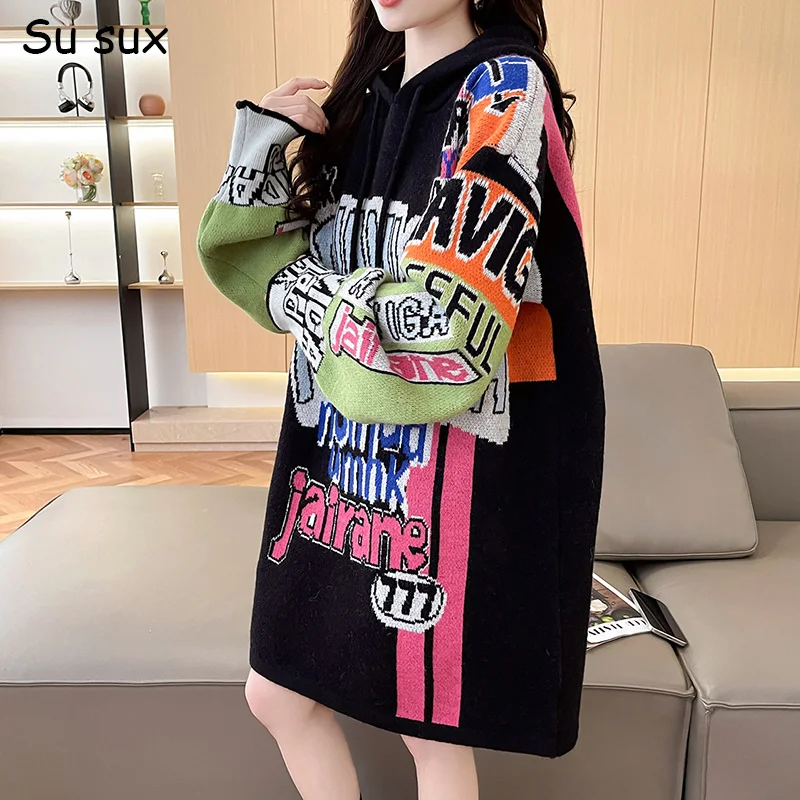 

Letter Pattern Oversized Hoodies Knitted Sweater Tops For Women Y2k Clothes Casual Pullover Long Sleeve Knitshirt Vestidos