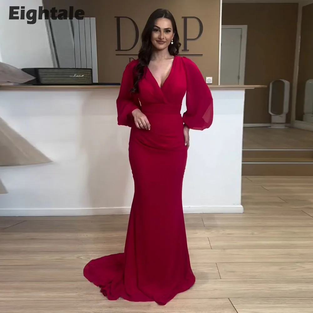 

Eightale Arabic Evening Dress Burgundy Chiffon Mermaid V Neck Pleats Long Sleeves Celebrity Prom Gown Party Dress robe de soiree