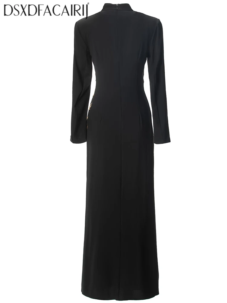 DSXDFACAIRIJ ليوبارد طباعة الخامس الرقبة فستان رصاص للنساء طويلة الأكمام الدانتيل متابعة شق أنيقة الخريف موضة الملابس النسائية