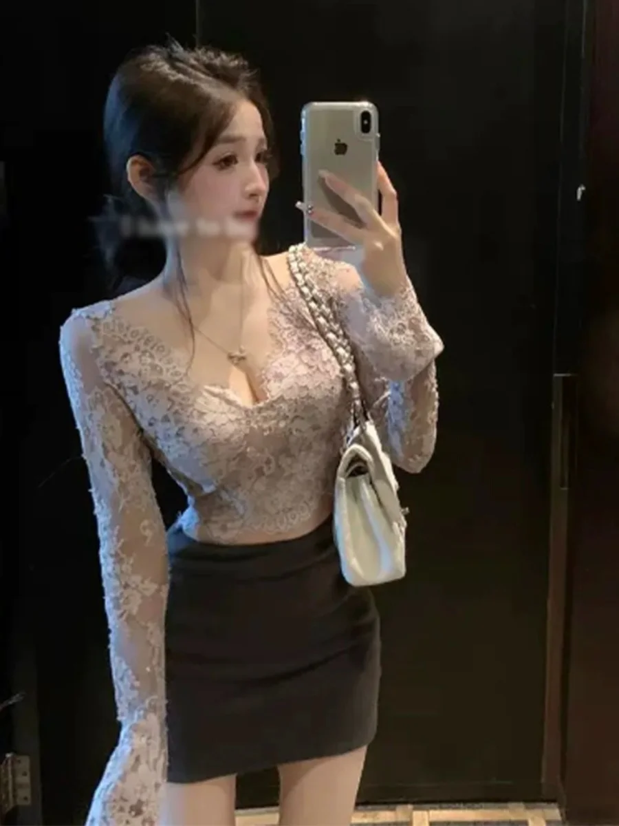 

Pure Desire Lace Base irt ort V-Ne Утягивающий красивый топ Women's Faion Autumn ort Small irt Корейский Sle Commute
