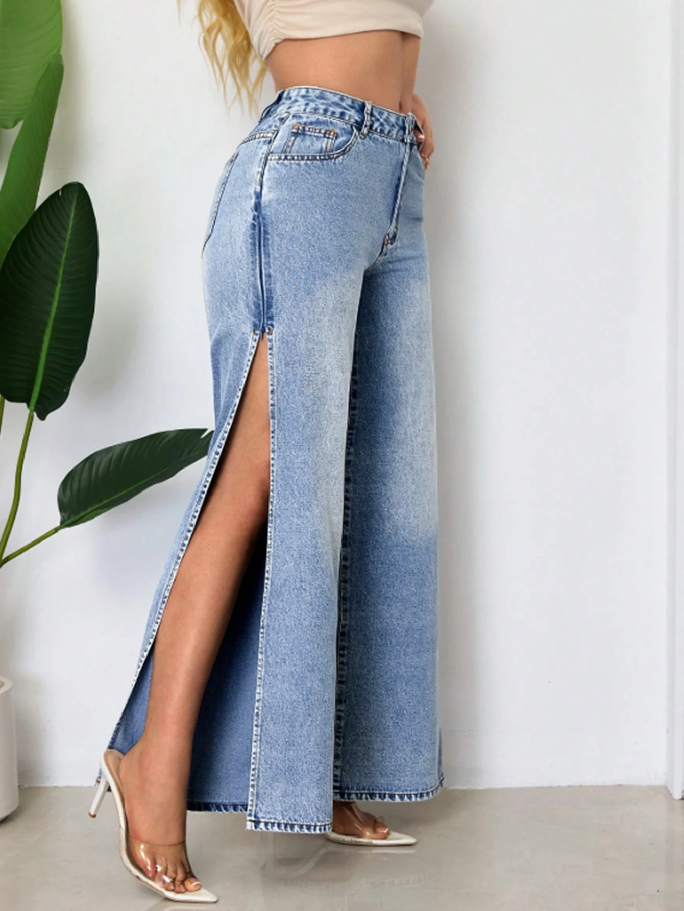 Women High Waist Split Hem Wide Leg Jeans Elegant Draped Loose Long Trousers Versatile Commuter Street Daily Denim Pants