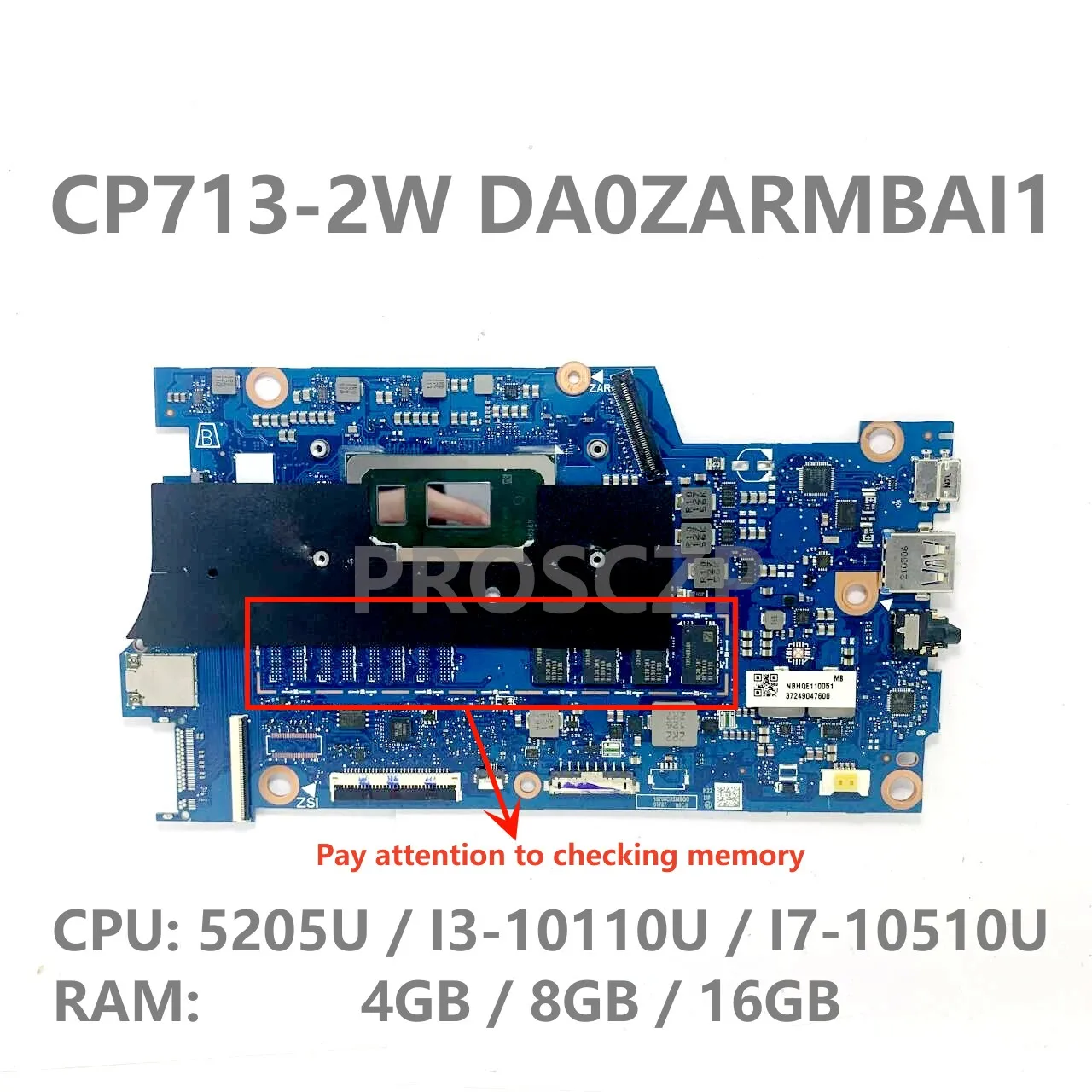 DA0ZARMBAI1 With 5205U / I3-10110U / I7-10510U CPU Mainboard For Acer CP713-2W Laptop Motherboard 4GB / 8GB / 16GB 100%Tested OK