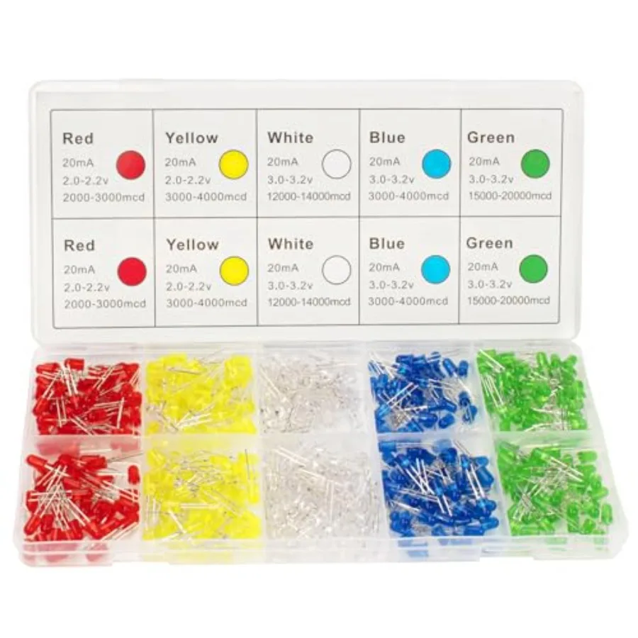 450pcs 5mm LED Diode, LED Light Kit Box 5 Colors, Mini LED Assorted Kit 5mm Round Top, Light Emitting Diodes for DIY Project, W