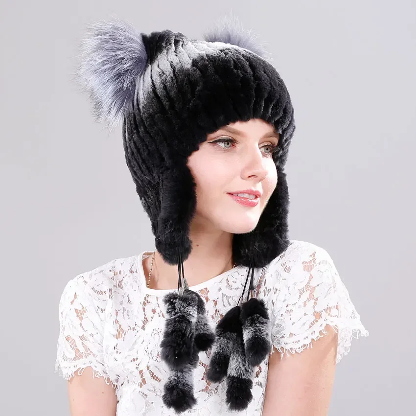 

Elastic Knitted Rex Rabbit Fur Beanies Handmade Winter Hat with Fox Fur Ears Genuine Fur Snow Cap Bonnets for Women Designer