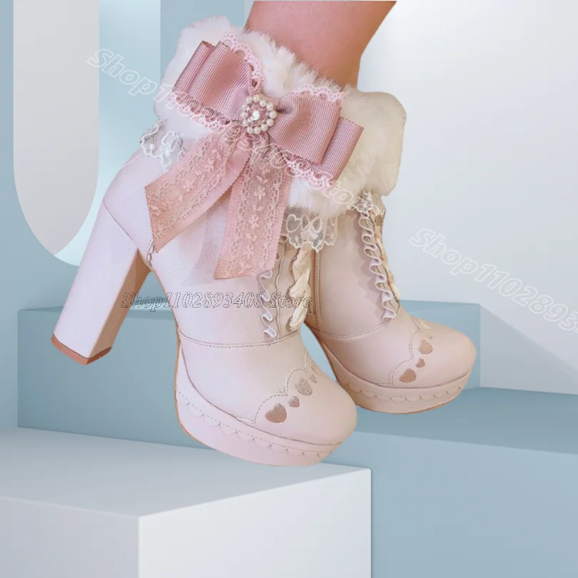 

Pink Bowknot Decor Platform Boots Fur Round Toe Leather Side Zipper British Style Party for Women Shoes 2025 Zapatos Para Mujere