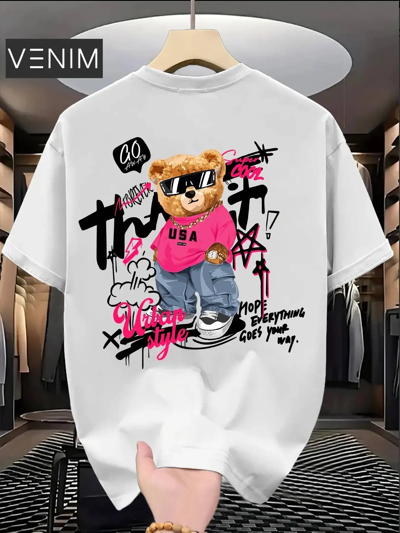 Best-Selling Fashion Cute Bear Print Men T-Shirt Summer Daily Outdoor Loose Street 100% Cotton Trendy Y2K Short-Sleeve Tee-Soft,