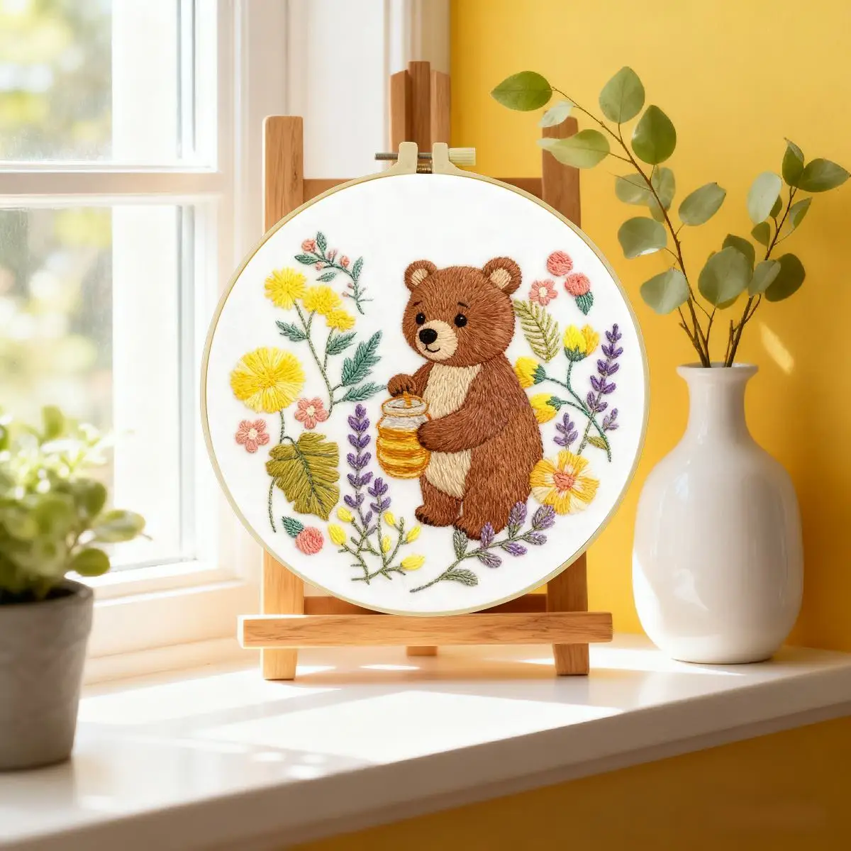 1 Stück 20X20CM/15X15CM 7,87/6,3 Zoll Der Bär, der Honig isst Stickerei-Starter-Kit DIY-Kit DIY-Stickerei-Kit Handarbeiten – Detail 1