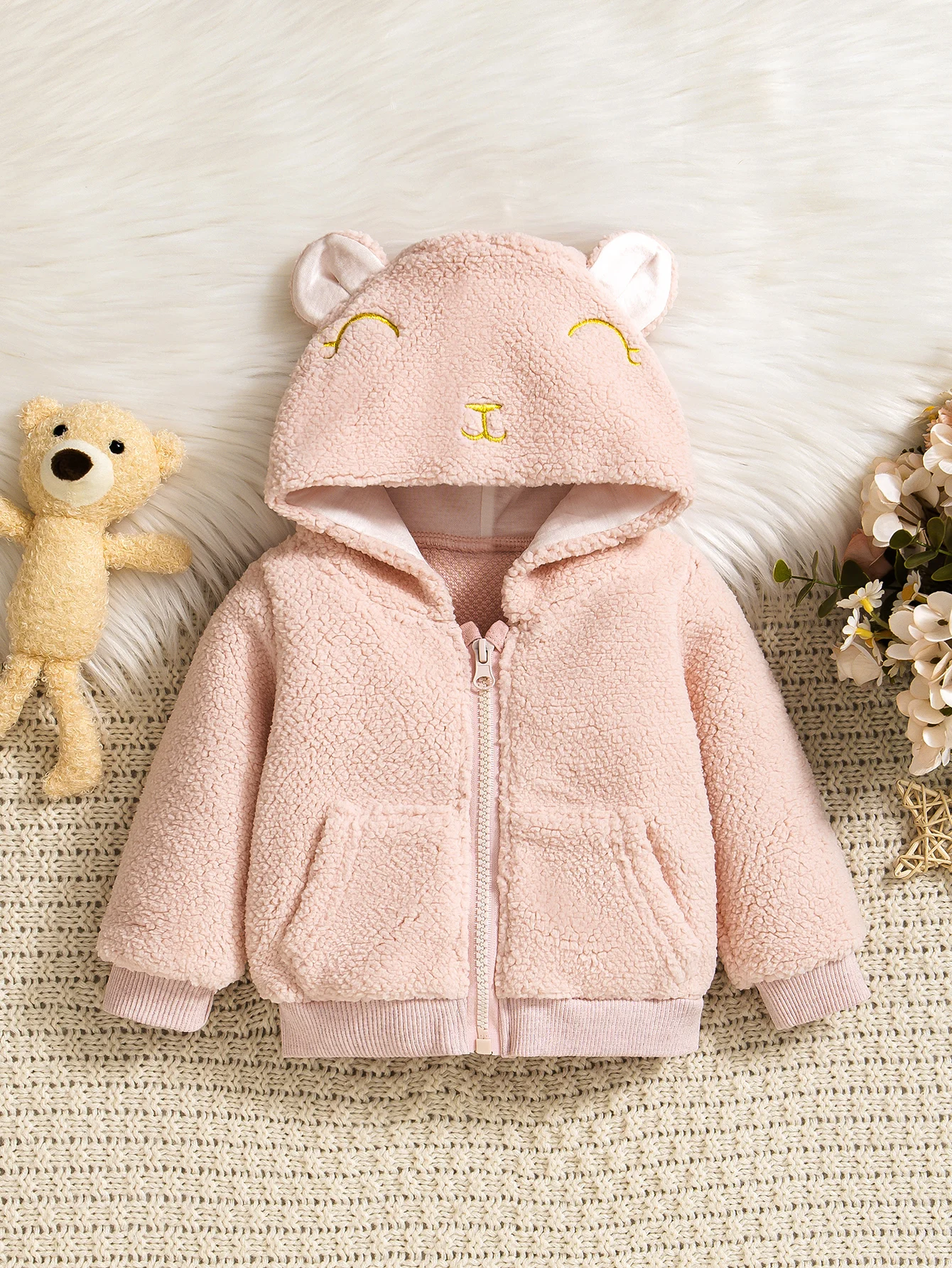 Adorable Pink Baby Plush Jacket Newborn Warm Fashionable Item Soft Cozy Infant Coat Stylish Baby Girl Outerwear