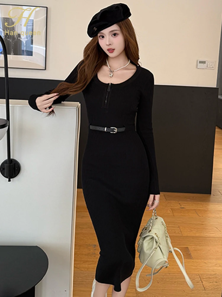 Nova malha de fundo elegante sexy manga longa estiramento apertado fino pulôver camisola vestidos outono malha bodycon vestido