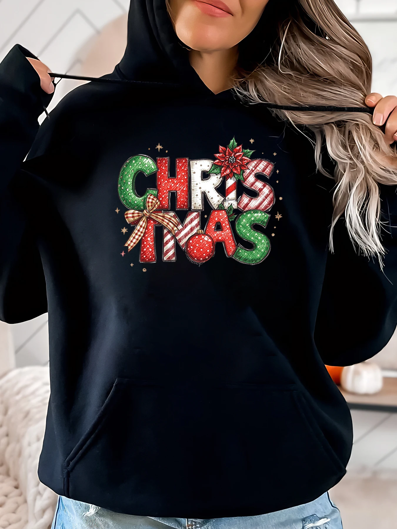 

Рождественская толстовка с буквенным принтом, рождественская женская повседневная одежда, черная, больших размеров