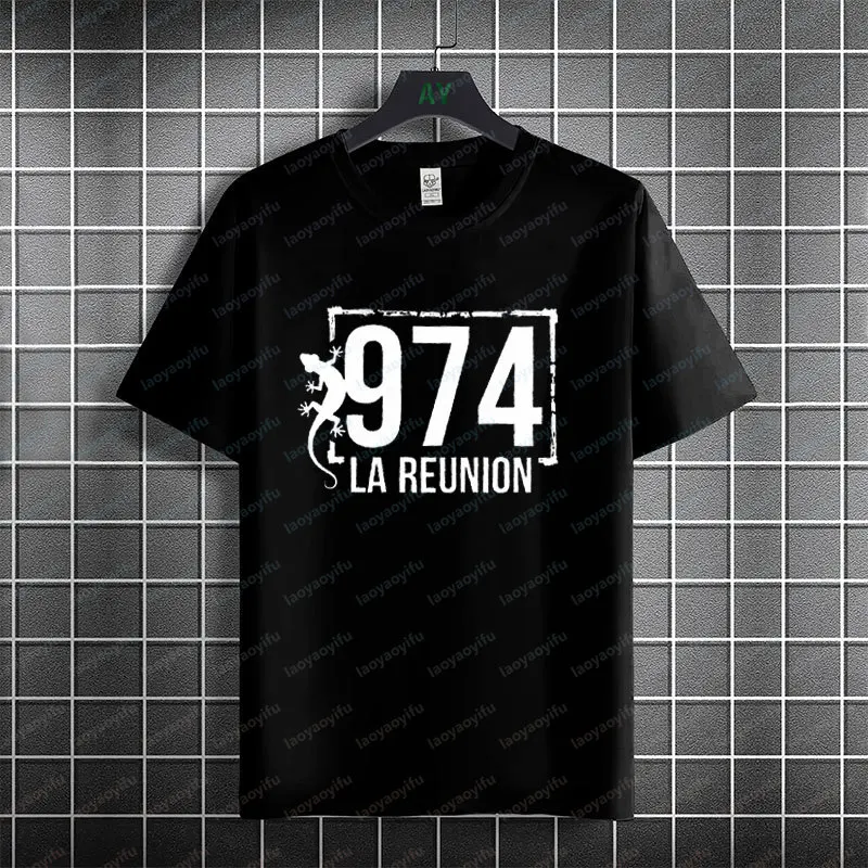 Men's Funny 974 LA Reunion Gecko Island Graphic T-shirt Pure Cotton Short Sleeve Round Neck Casual Fashion Tshirt Streetwear