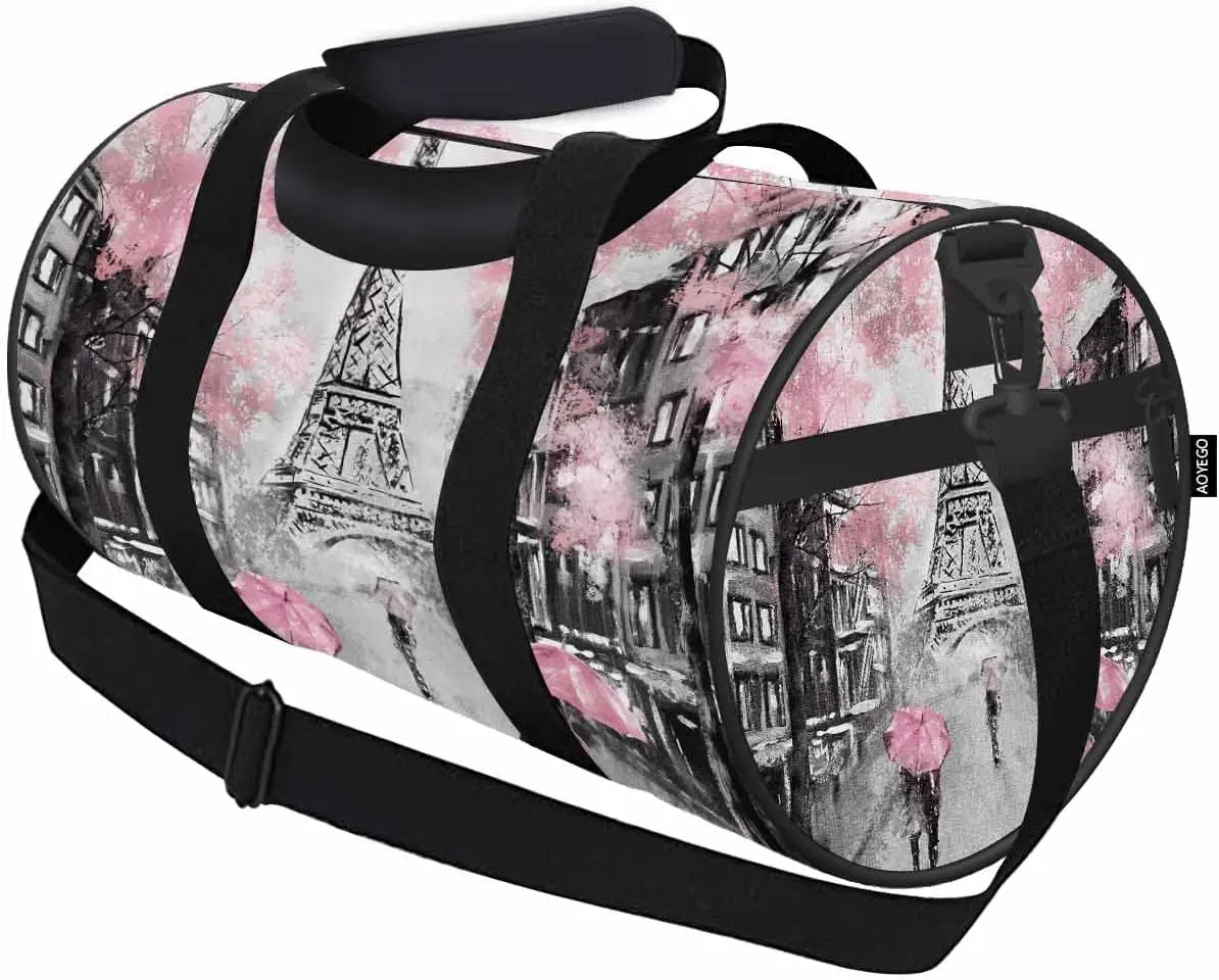 

Eiffel Tower Travel Duffel Bag Paris Flower Romantic France Couple Under An Umbrella Lightweight Sports Tote Bag Shoulder Bag