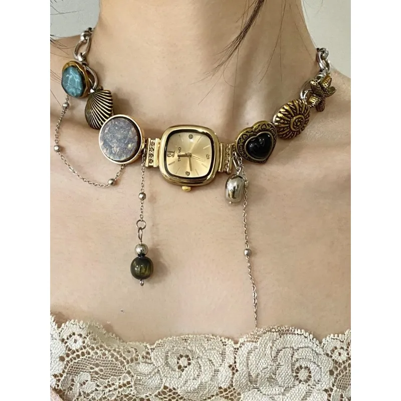 【 After Sunset 】 Original Handmade Niche Chinese Punk Heavy Industry Watch Button Necklace Jewelry for Women