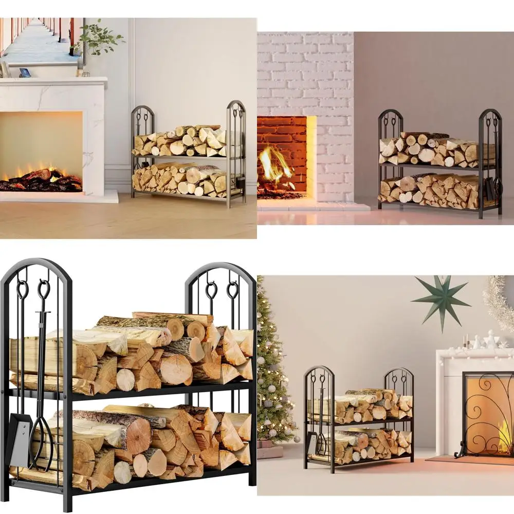 

5-Piece Black Firewood Storage Rack with 4 Essential Tools for Fireplaces