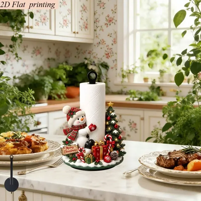 1Pc 2D Flat Printed Xmas Snowman Tree Paper Towel Holder, Tabletop Decor for Kitchen Bathroom Living Room, Paper Not Included