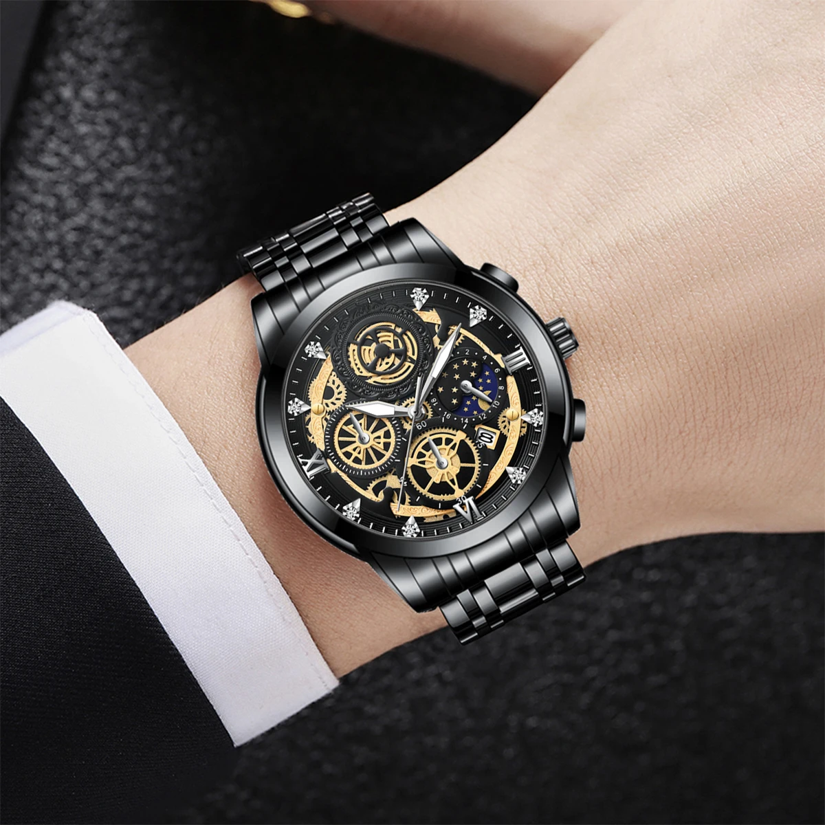 VA VA VOOM Men\'s Watch Water Diamond Gorgeous Style Stainless Steel Strap Original Quartz Movement Gold Black Luxury Men Watches