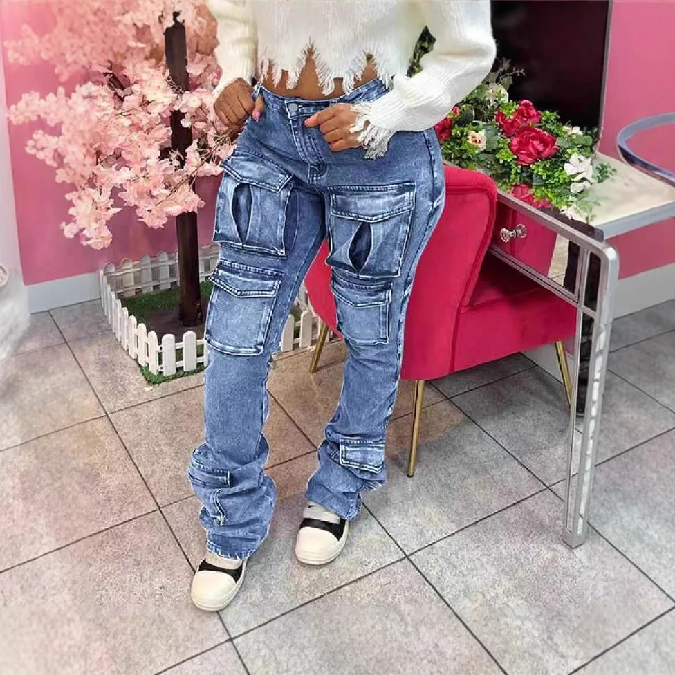 

Women Cargo Pants Jeans Multiple Pockets Stretch Vintage Distressed Denims Floor Length Washed Streetwear Straight Trousers