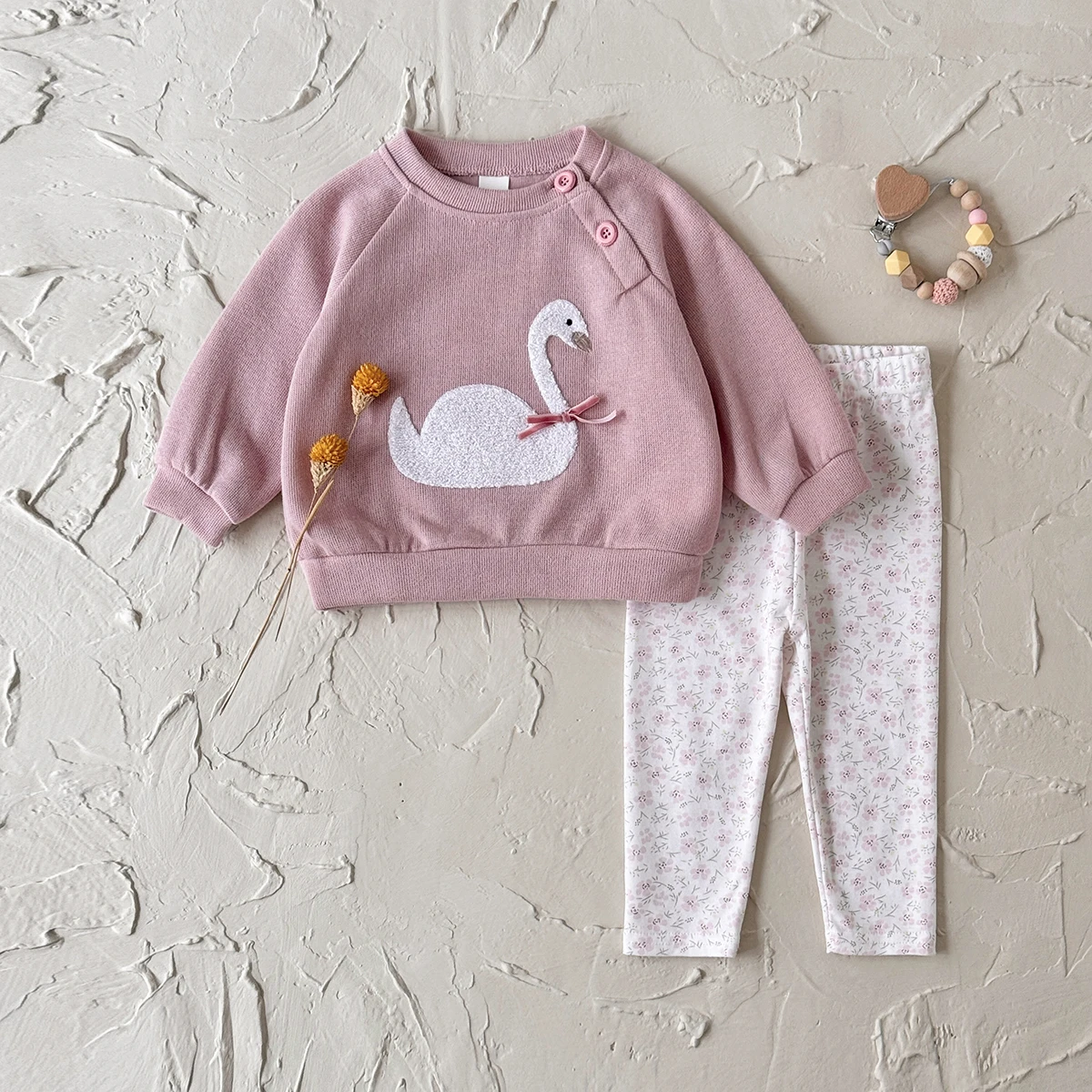 Cotton Cute Swan Embroidery Baby Girl Set Pink Sweatshirt + Floral Leggings 2Pcs Casual Outfit for Newborn Toddler 1-3 Years