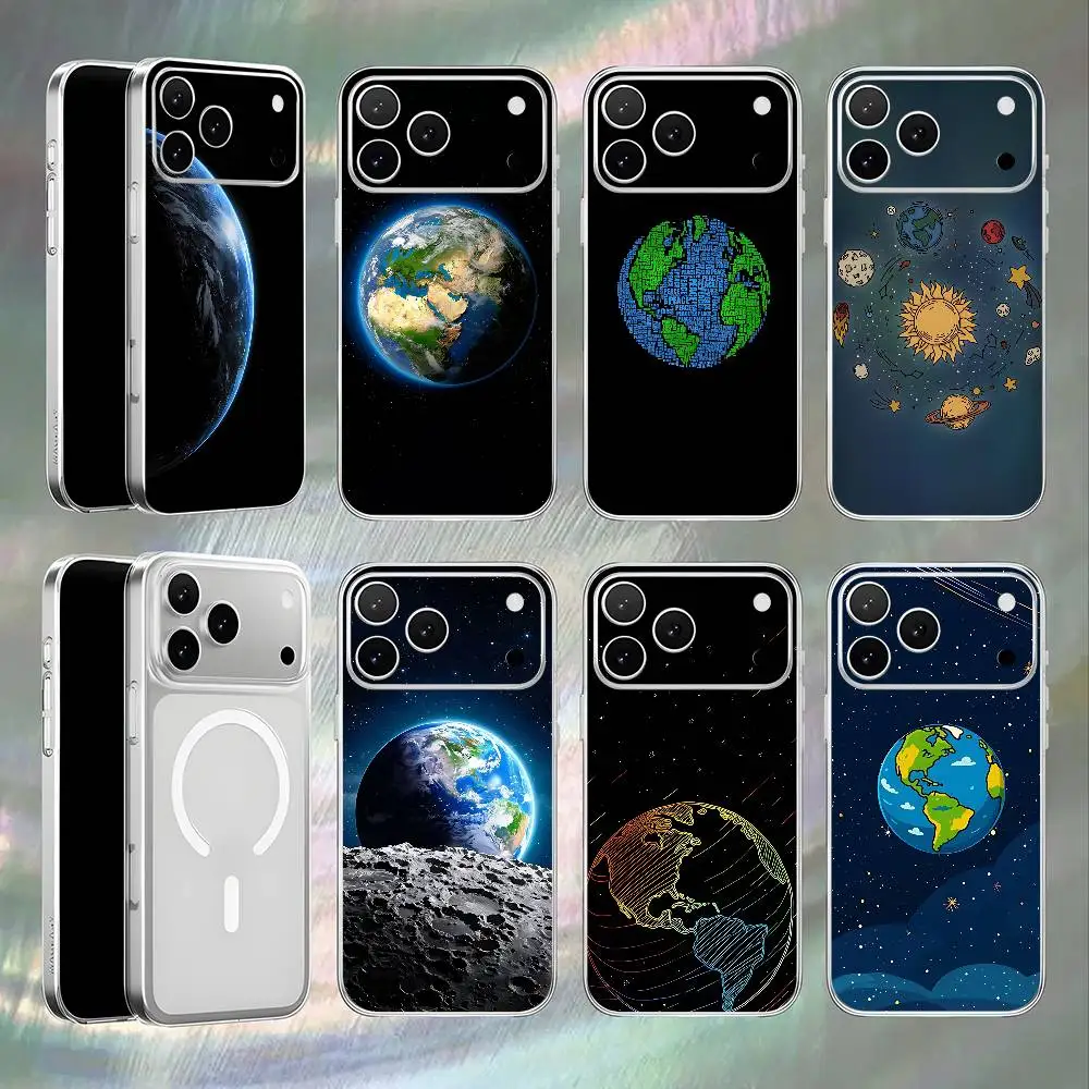 Earth Magnetic Wireless Charging Transparent White Phone Case For iPhone 17,16,15,14,13,12,11,Pro,Max,Plus