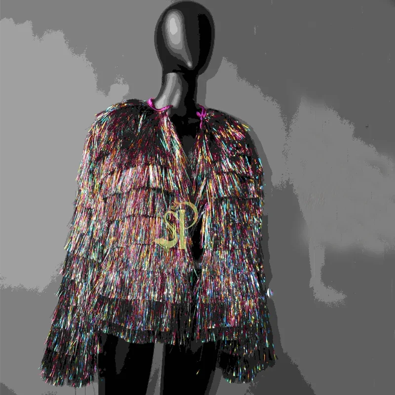 Colorful Full Fringed Jazz Dance Coat Women Gogo Dancer Costume Bar Nightclub Dj Ds Stage Performance Festival Outfit