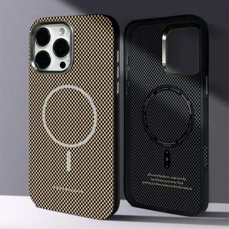

Luxury Carbon Fiber Texture Phone Case For Iphone 16 15 14 13 Pro Max Metal Lens Wireless Charging Frosted PC Hard MagSafe Cover