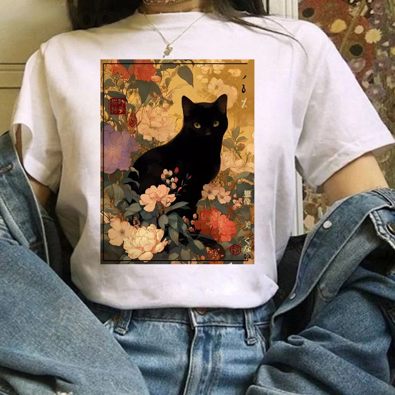 

Женская футболка с акварельным узором и мультяшным принтом кота, милый обычный универсальный топ, японская футболка, забавная женская футболка в повседневном стиле