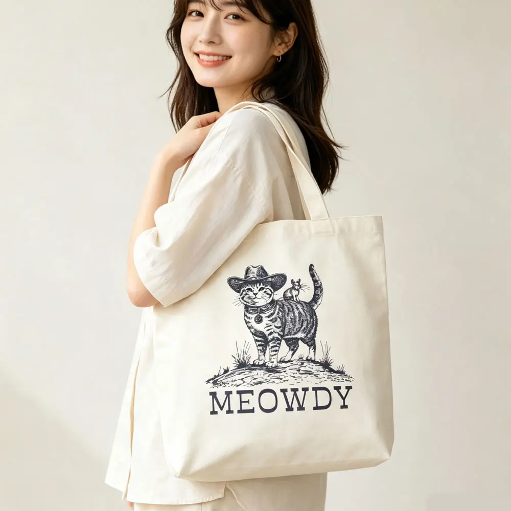 Cat Print Tote Bag - Durable Polyester Fiber with Cow and Kitten Pattern, Machine Washable, Light Beige Beach Bag, Suitable for Daily Travel, Shopping, and Picnics, Fun Design, Unlined, Simple Style, Women's Shoulder Bag, Women's Bag