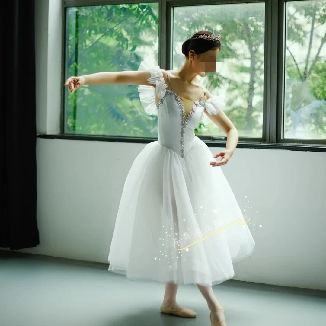 Saia de balé tutu branco para meninas, performance de dança profissional, vestido de fada para adultos, fantasia de competição