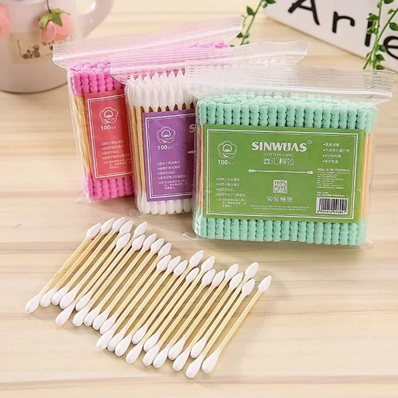 100 Pcs/Pack Pink Double Head Cotton Swab Sticks Female Makeup RemoverCotton Buds Tip For Medical Nose Ears Cleaning