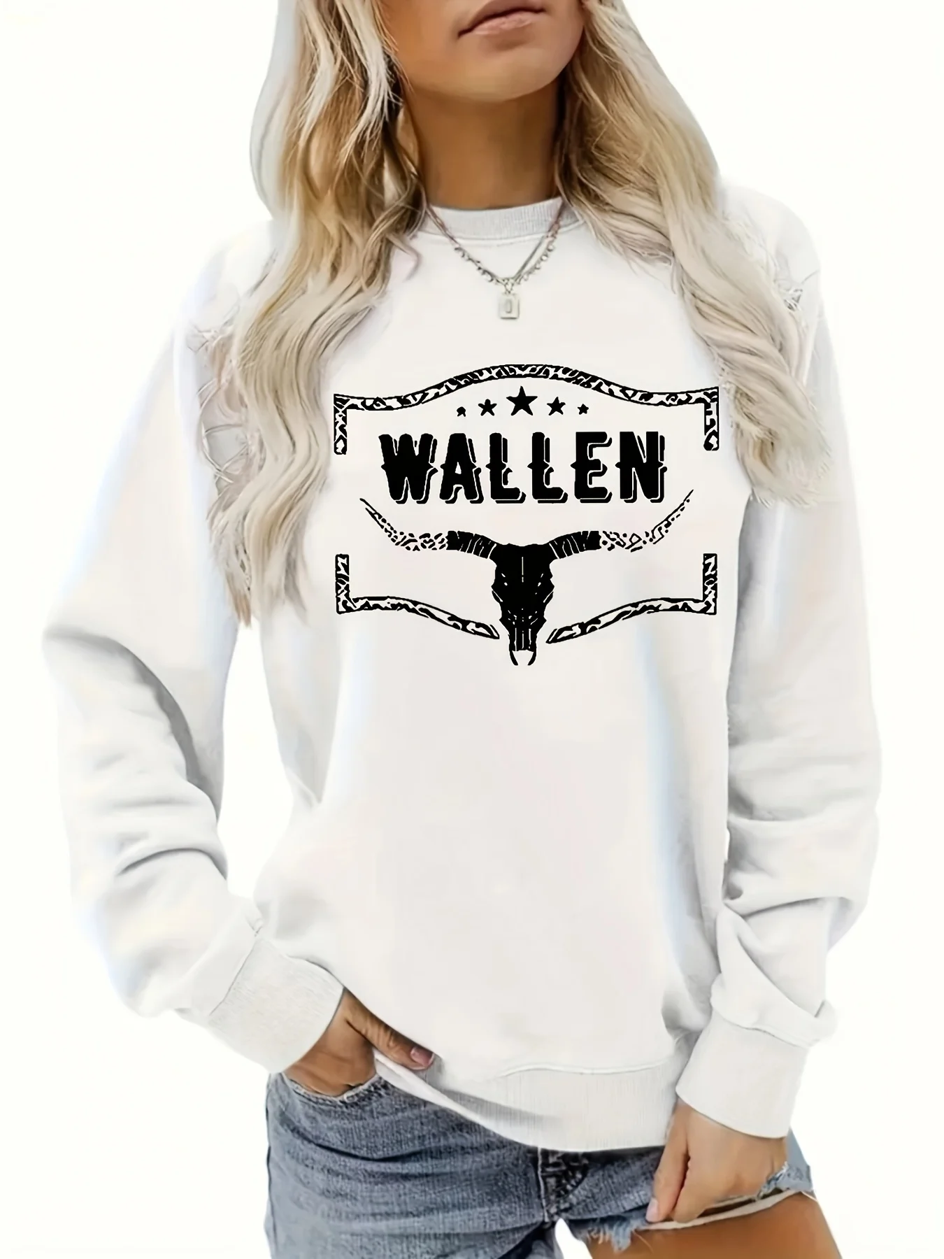 Sudadera con cuello redondo y estampado geométrico de calavera Ull: tela de poliéster suave de elasticidad media, manga larga, lavable a máquina