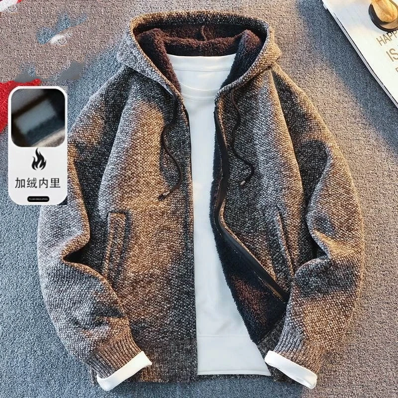 Knitted Men's Jacket, Loose and Warm Sweater, Men's Hooded, Autumn and Winter with Thick Velvet Cardigan, All Match Top