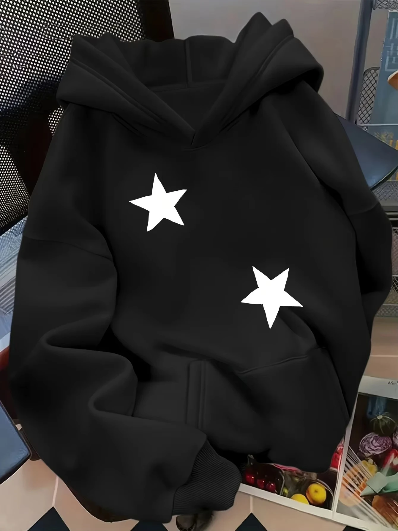 Women's White Star Letter Sports Hoodie Simple Star Printed Loose Pullover Street Long Sleeve Sweatshirt Spring Autumn Women Top