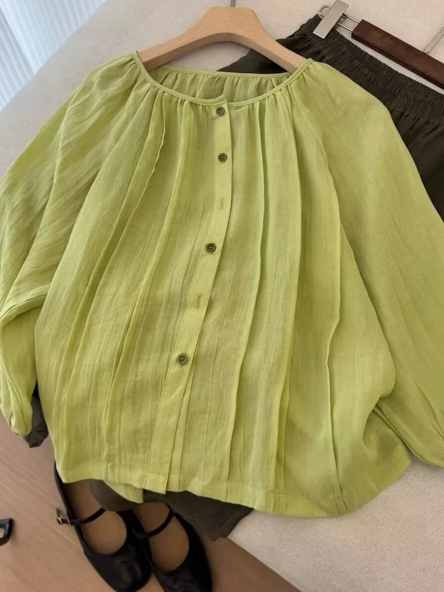 Unico lungo Sve irt Estate da donna Nuovo Sle Sottile Protezione solare Cotone Lino Pieghettato Avocado een Colore Versatile Loos...