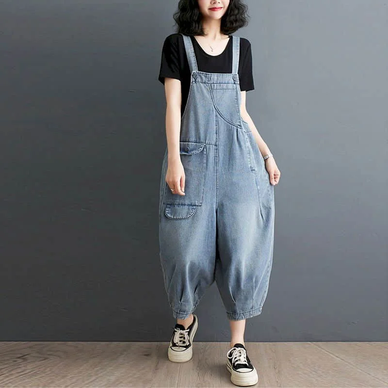 

Denim Jumpsuits Women Elegance Vintage Workwear One Piece Outfit Women Clothing Safari Style Loose Lantern Jeans Casual Rompers