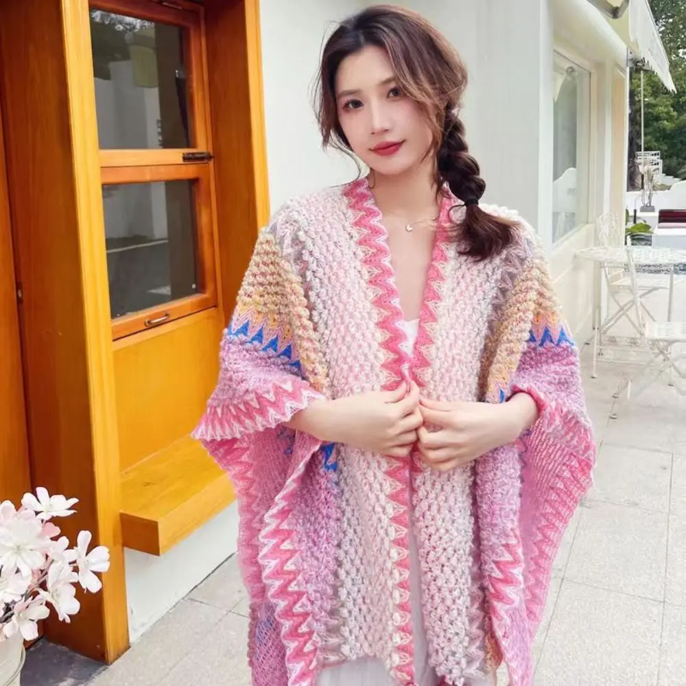 Soft Bohemian Mongolian Poncho Winter Warm Ethnic Style Cardigan Tassel Shawl Striped Polyester Knitted Cape Coat Overlays