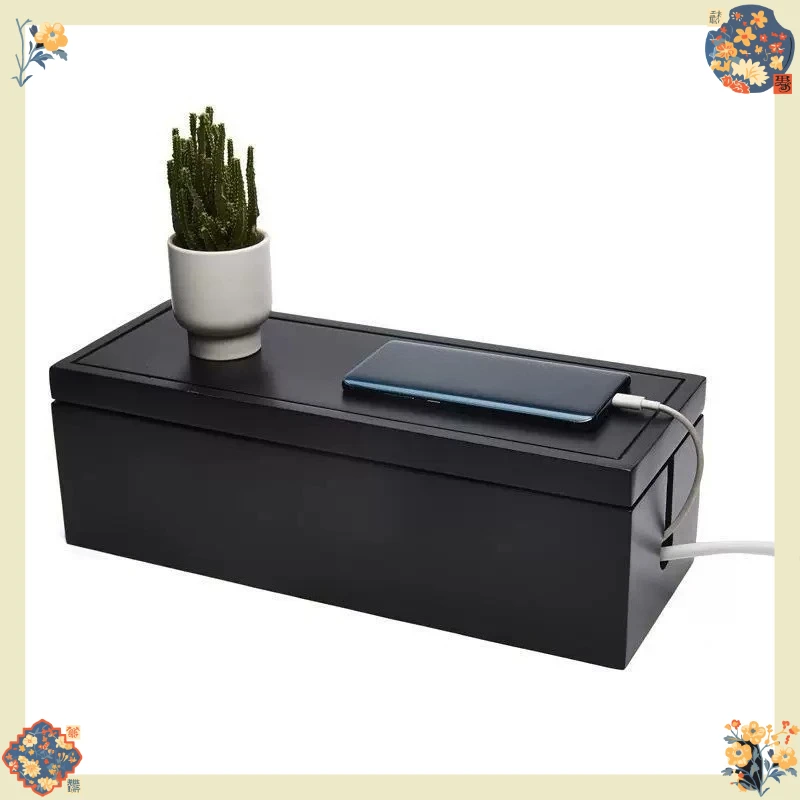 Solid Wood Cable Management Box Desktop Power Strip Organizer