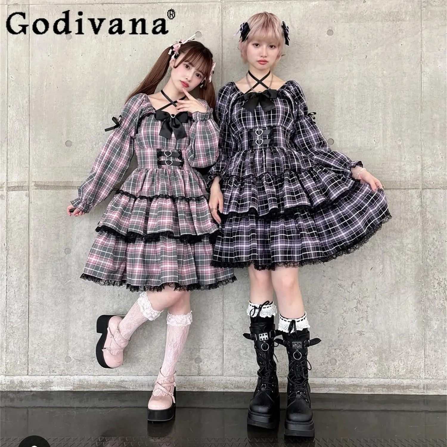 

2026 New Japanese Sweet Cute Girl Plaid Dress Bow Lace Long Sleeve Halter Cake Lace Dress