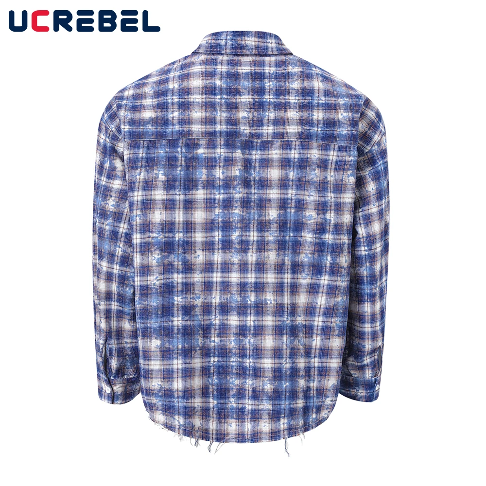 Raw Edge Pocket Long Sleeve Shirts Mens Autumn Retro High Street Single Breasted Lapel Loose Curved Hem Shirts Man