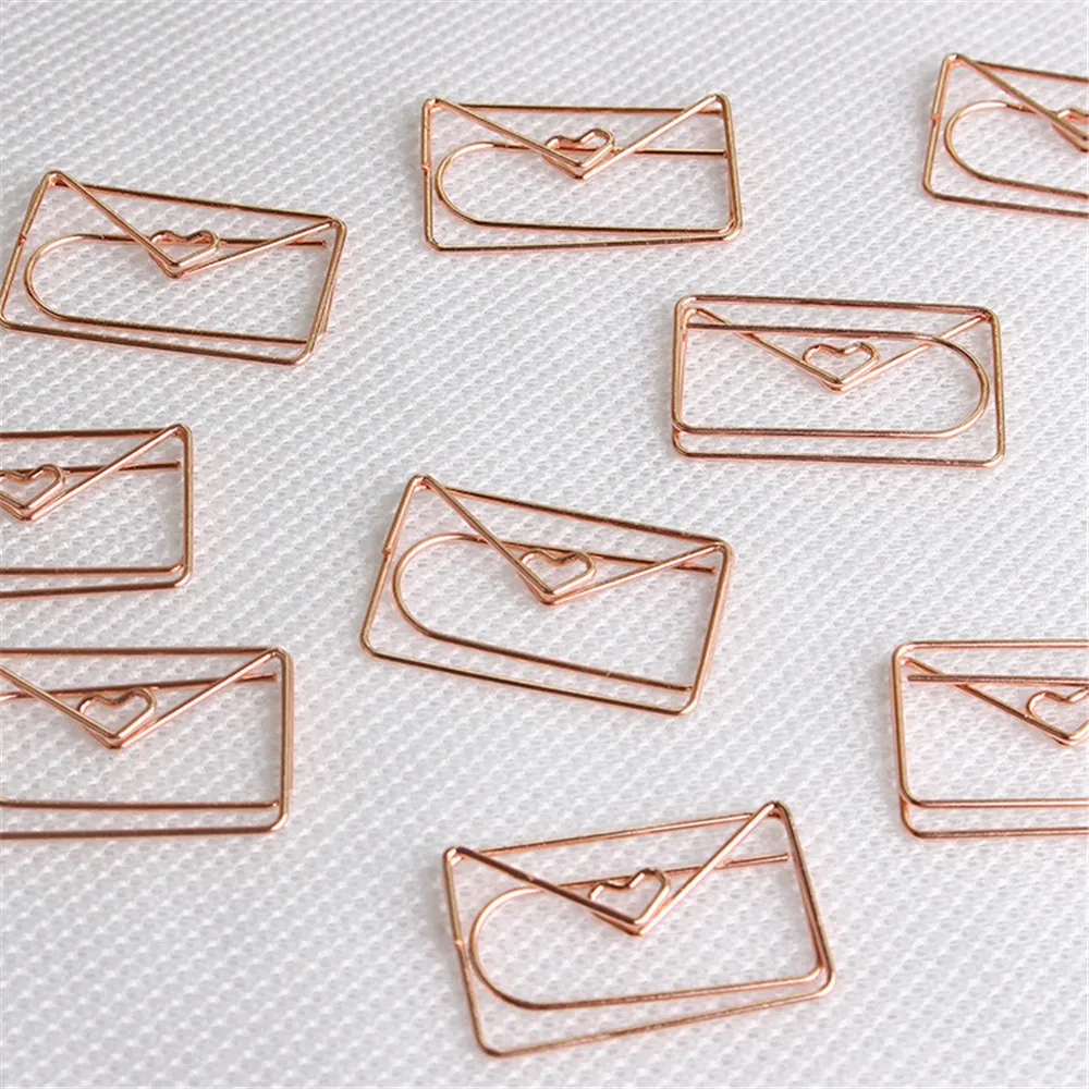 20pcs Paper Clips Rose Gold Love Heart Envelope Shaped Modeling Clip Metal Paperclips Paper Clips Bookmark Office Accessories