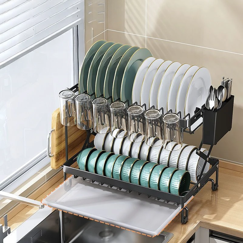 Foldable Dish Drying Rack Kitchen Countertop Organizer for Plates Bowls Cups Cutlery and Cutting Board Storage
