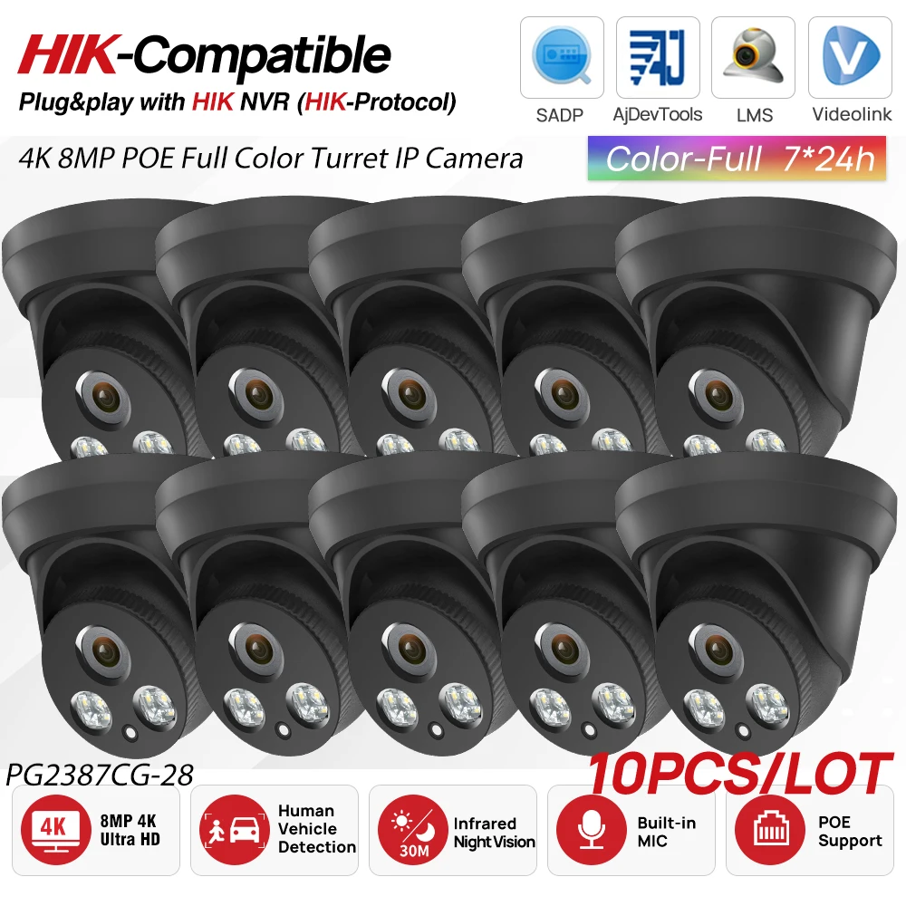 

10PCS OEM Hikvision Compatible 4K 8MP IP Camera PoE IR Full Color Night Vision CCTV Security Camera Plug&Play with HIK NVR