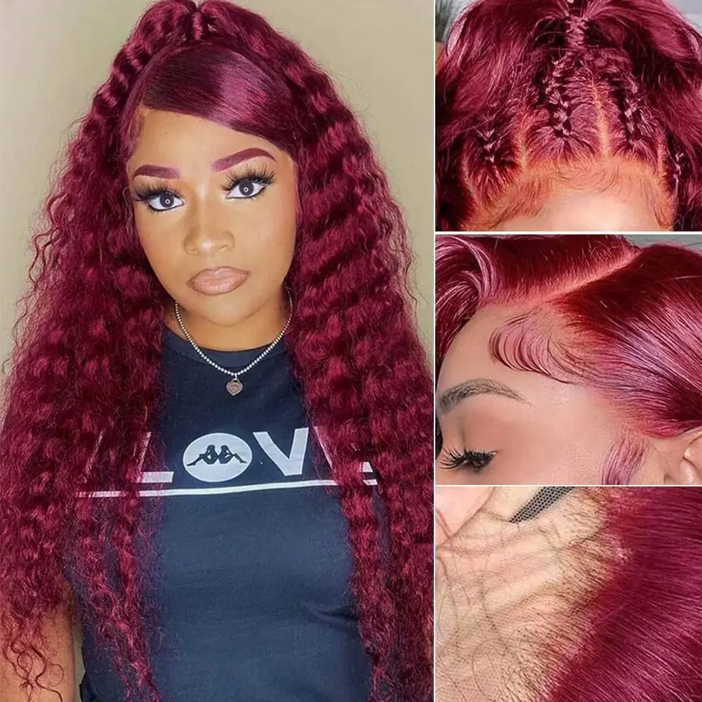 250% hd 99j Burgundy 13x6 Hd Lace Frontal Human Hair Wigs Transparent Colored Deep Wave Red Lace Front Wig 4x4 Closure Wig Women