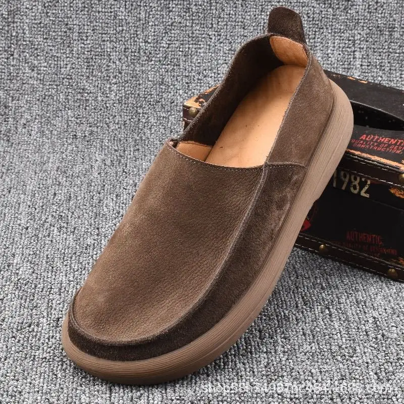 

Summer Frosted Soft-soled Driving Men's Shoes Brown Retro Round Head Leather Non-slip Breathable Single Shoes Handmade Loafers