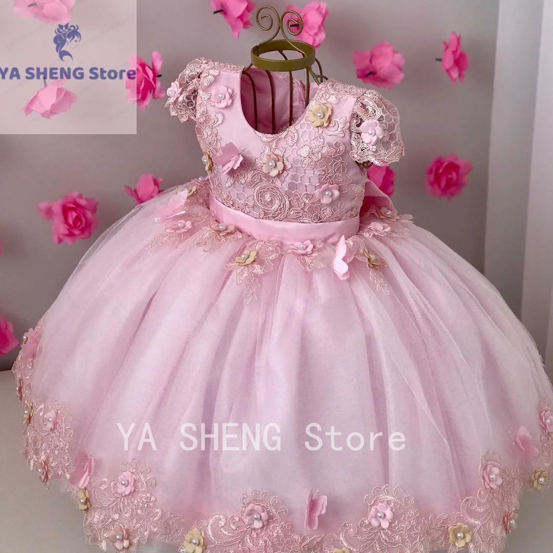 فستان حفلة دانتيل وردي عاري الذراعين ، فساتين فتيات بالزهور لحفلات الزفاف ، طفل مطرز بالخرز ، فساتين المسابقة ، تول بطول الكاحل ، أطفال ، P