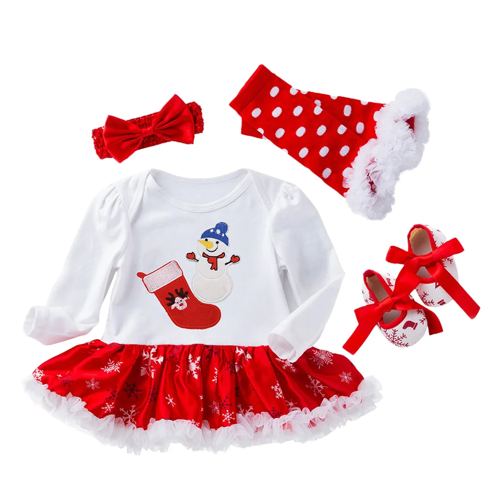 

1 set 1 Set Snowman Jumpsuit Outfit Headband Shoes Leg Warmers Long Sleeve Christmas Dress For Baby Girl Cotton Clothing Gift