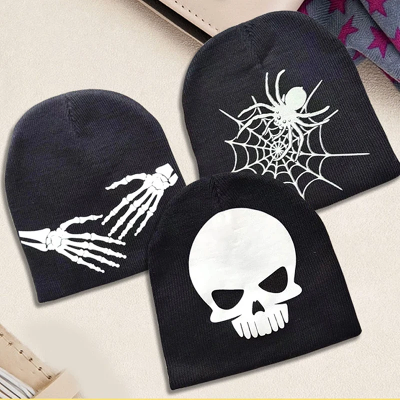 

Halloween Knitted Hats Men Women Spider Luminous Hand Bones Funny Bonnet Double Knitted Beanies Skullies Warm Elastic Winter Hat