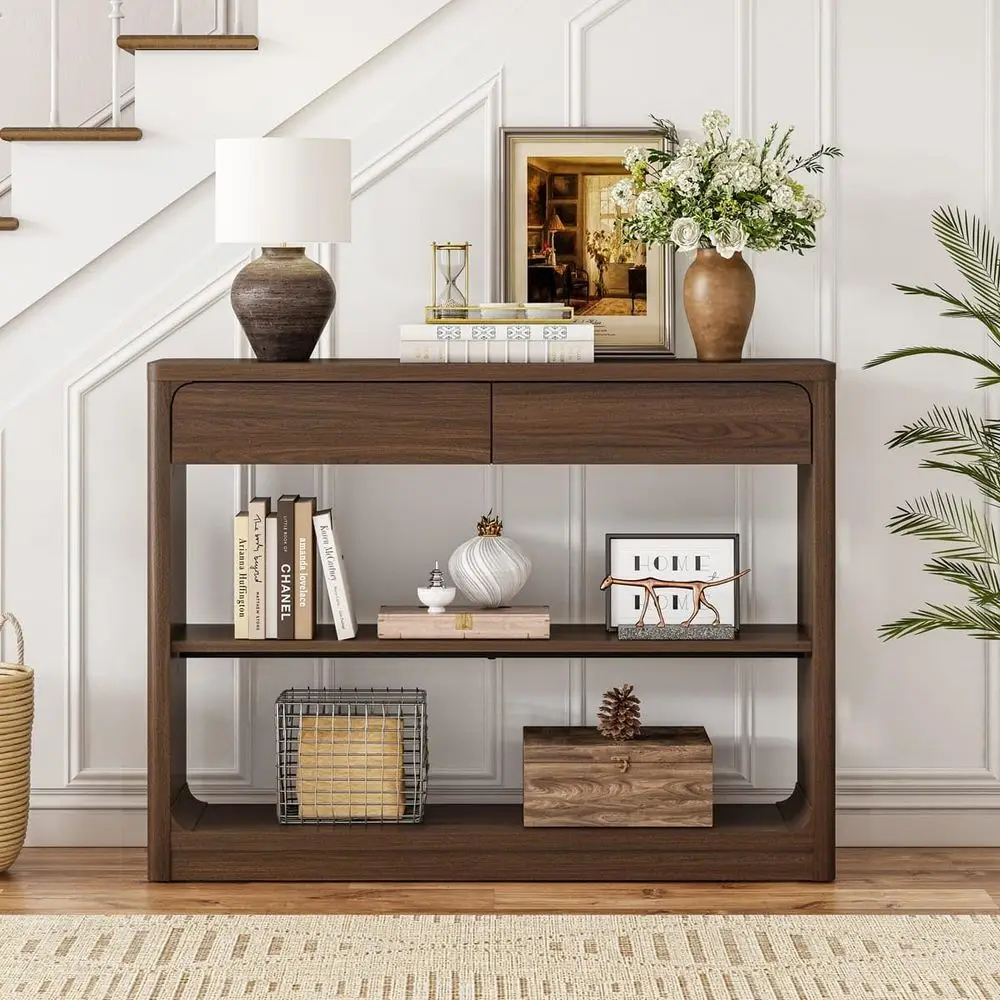 43.3 Inch Narrow Entryway Table with 2 Drawers and Storage Shelves, Rustic Sofa Table for Behind Couch or Hallway, Living Room,