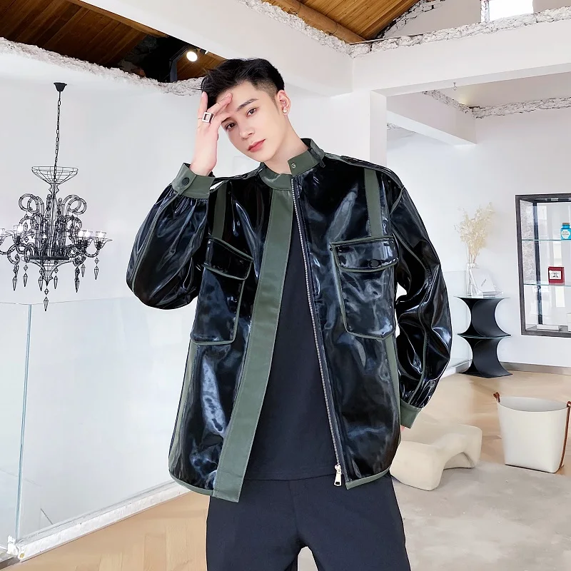 

Мужская куртка из искусственной кожи с воротником-стойкой, осенне-зимняя, новая модная трендовая модель с зеркальной поверхностью