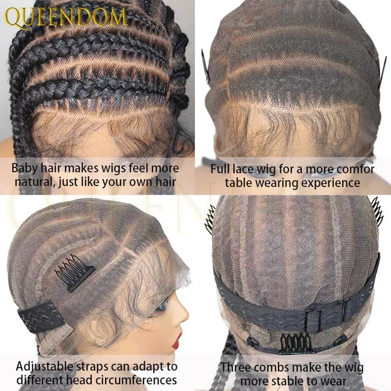 Wig sintetis kepang kotak cornrow ringan 36 inci, wig rambut penuh dengan lace frontal tanpa simpul untuk wanita kulit hitam, cocok untuk kembali ke sekolah