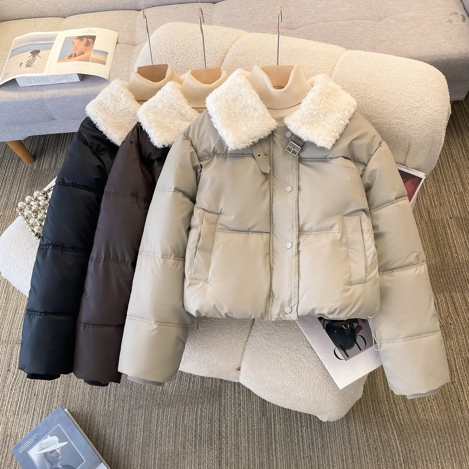 Fashion Lambswool Turn Down Collar Short Winter Coat Winter Single-breasted Short Casual Padded Jacket Thick Warm Outerwear